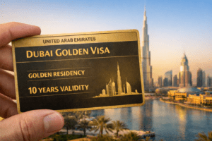 Dubai Golden Visa – hand holding a Dubai Golden Visa card with Burj Khalifa and Downtown Dubai skyline in the background.
