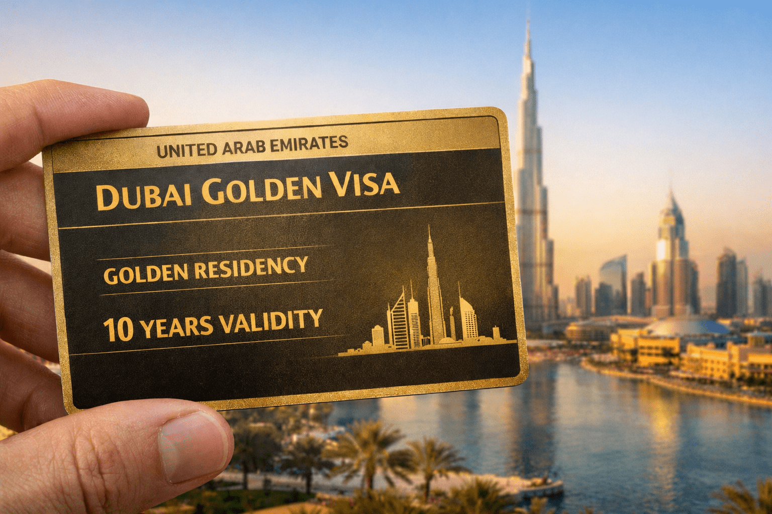 Dubai Golden Visa – hand holding a Dubai Golden Visa card with Burj Khalifa and Downtown Dubai skyline in the background.